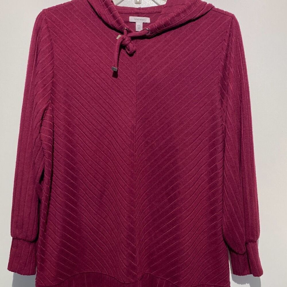 Nine West Womens XXL Berry Pink Chevron Ribbed Hooded Pullover Sweater NWT